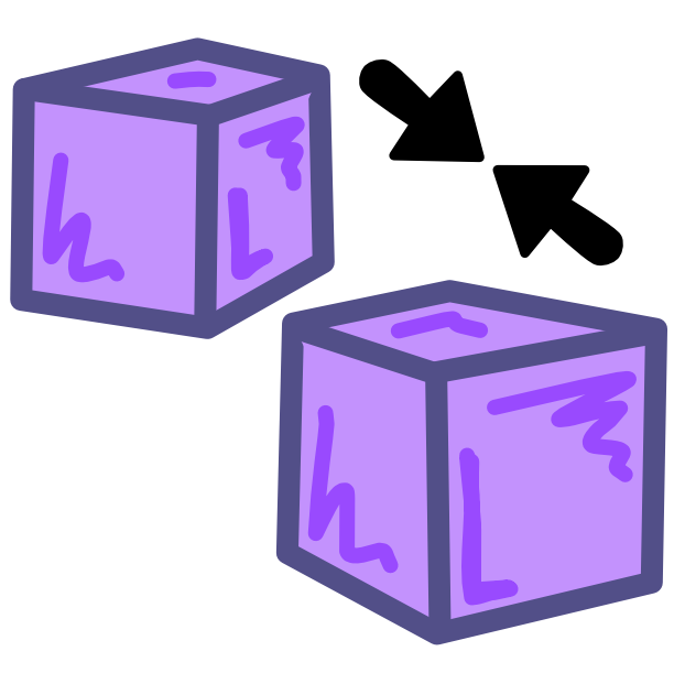 two large purple cubes sit near each other, 2 black arrows sit above them and point towards each other.